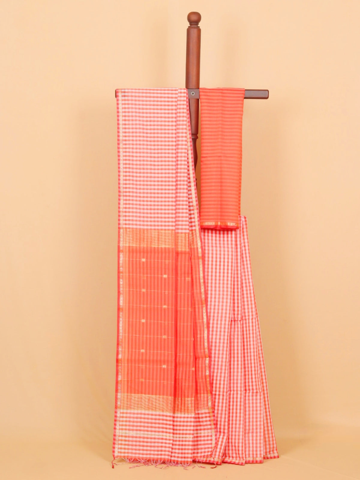Orange by white checks maheshwari saree