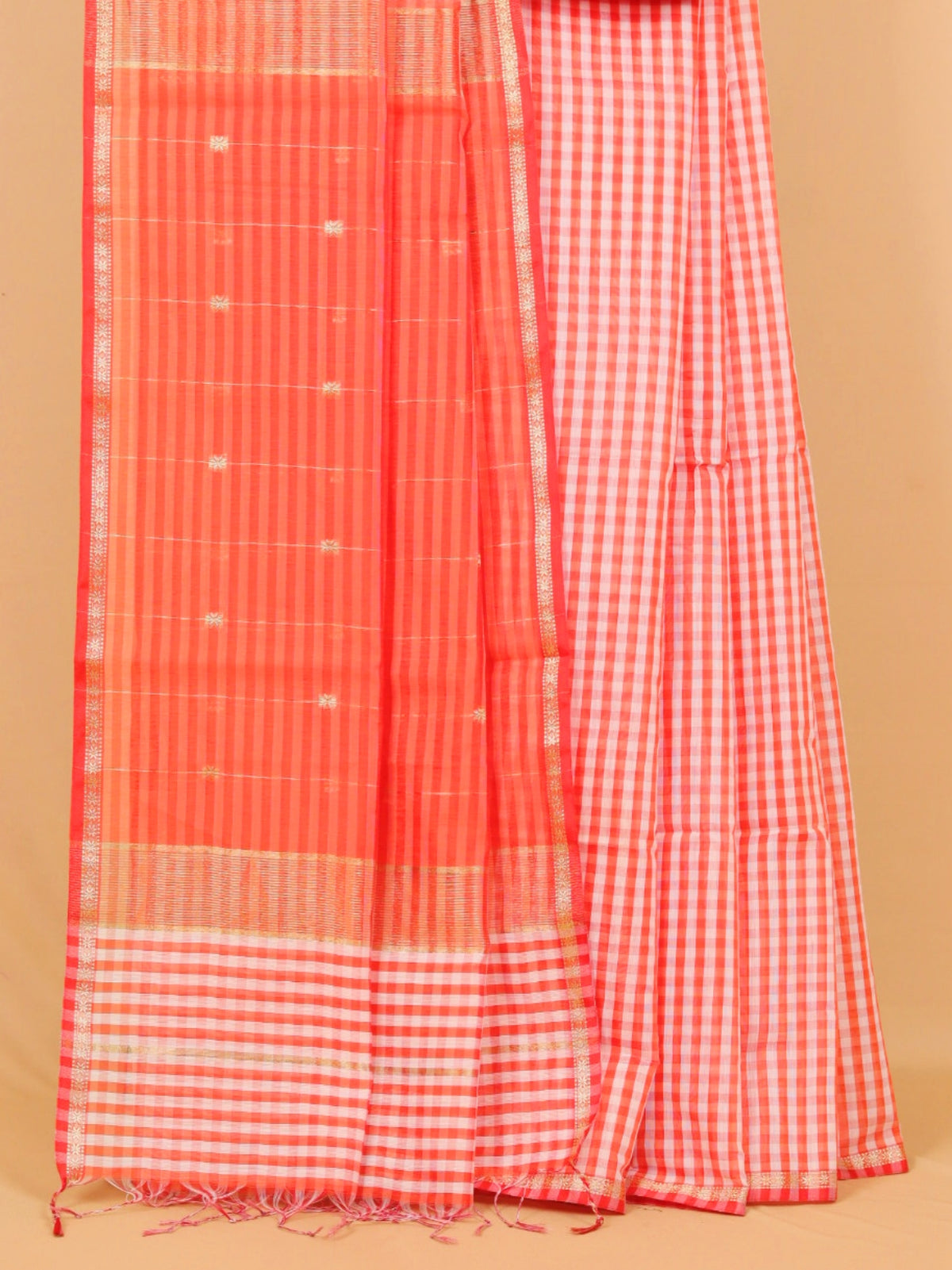 Orange by white checks maheshwari saree
