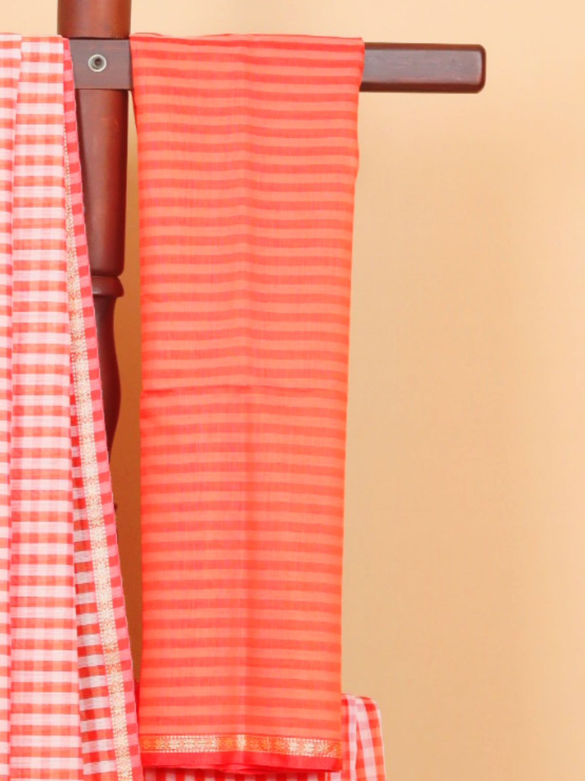 Orange by white checks maheshwari saree