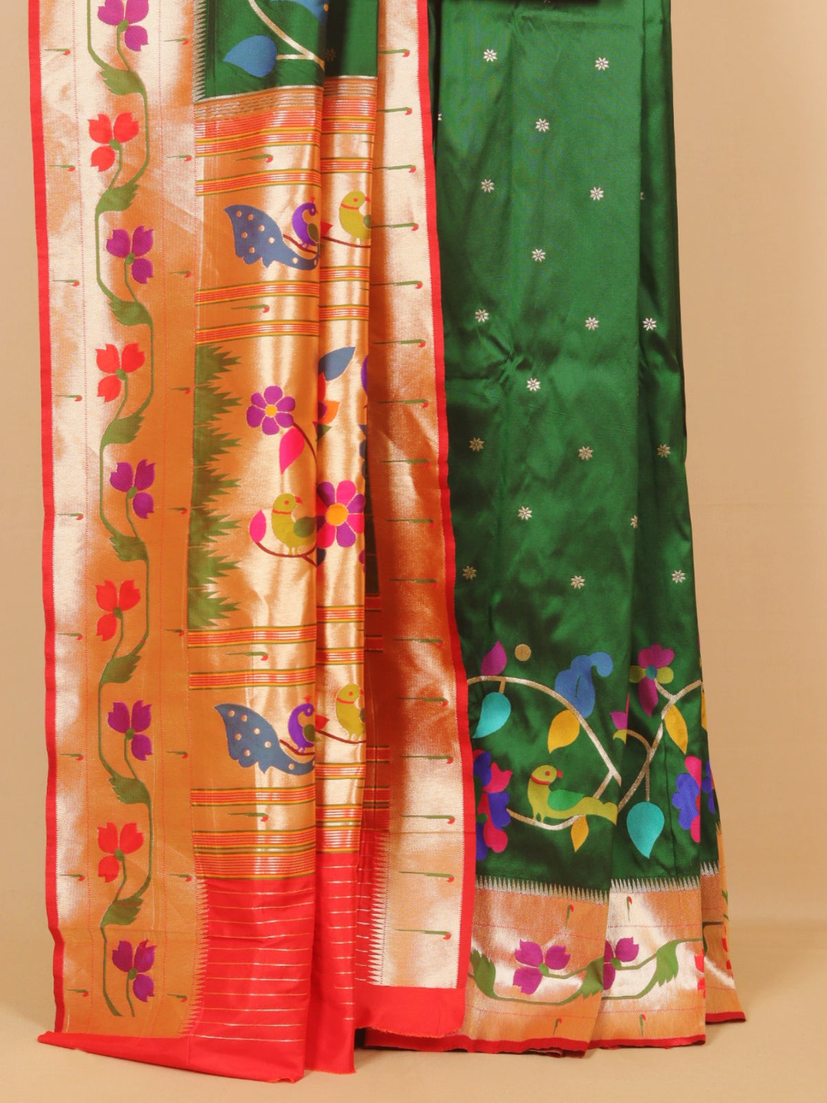 Green by red paithani silk saree