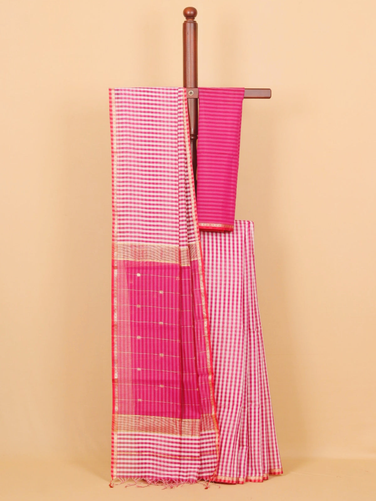 Pink rani by white checks maheshwari saree