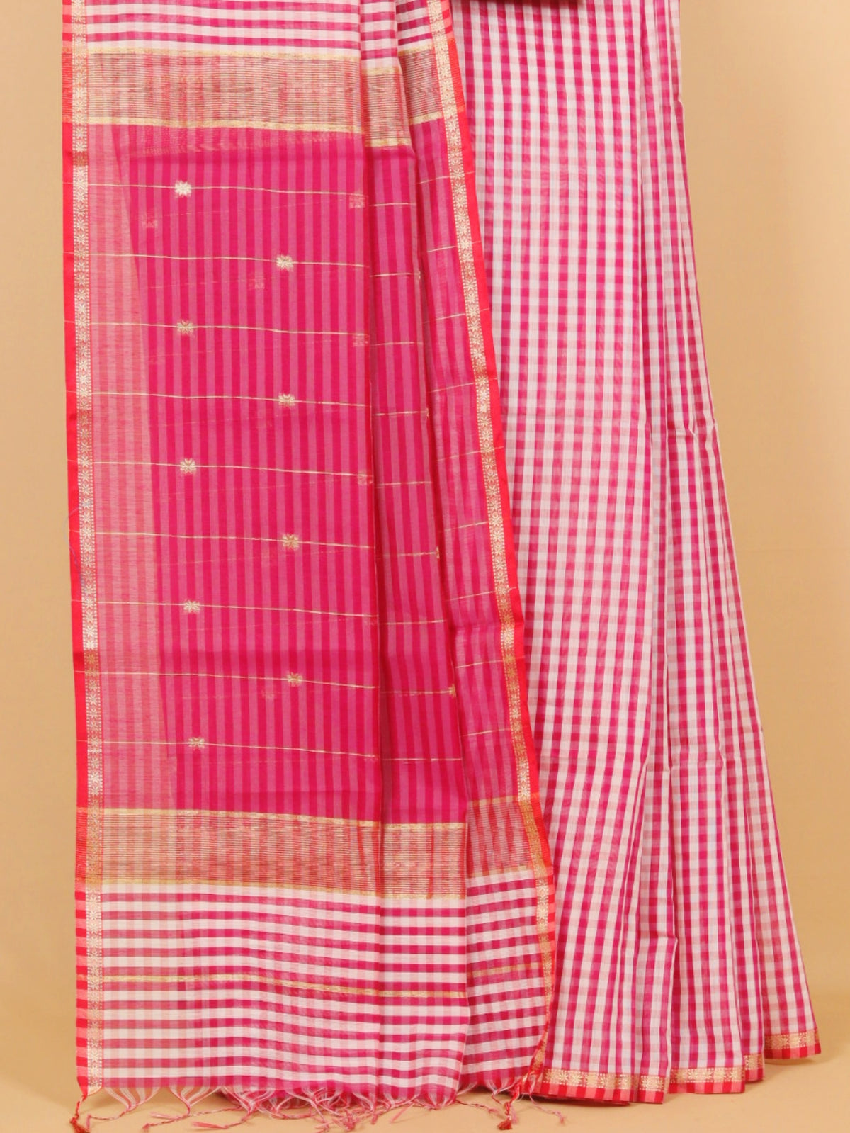 Pink rani by white checks maheshwari saree