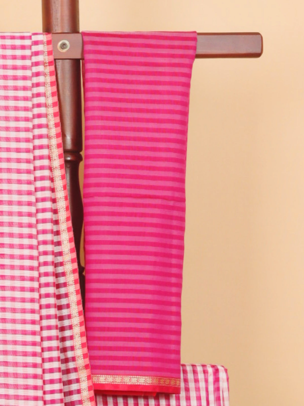 Pink rani by white checks maheshwari saree