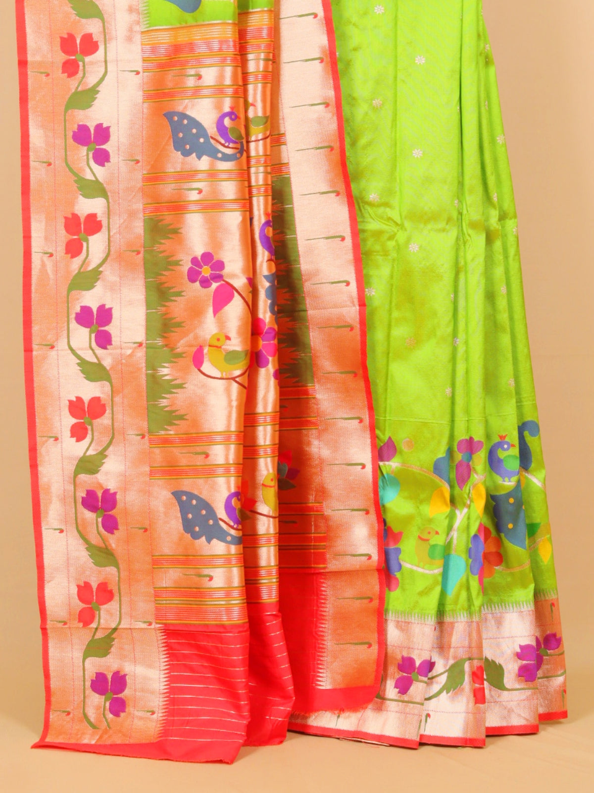 Parrot green paithani silk saree