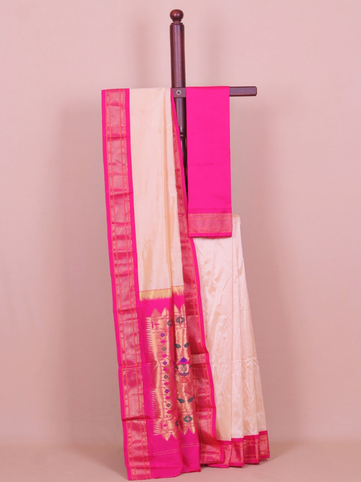 Cream tasar by rani pink paithani saree