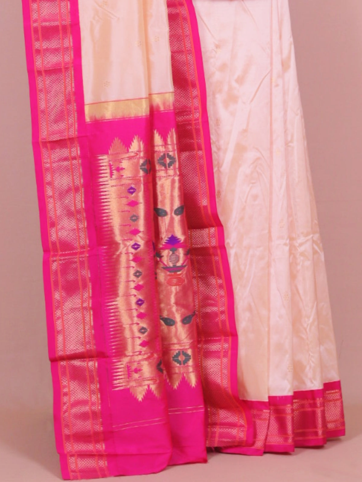 Cream tasar by rani pink paithani saree