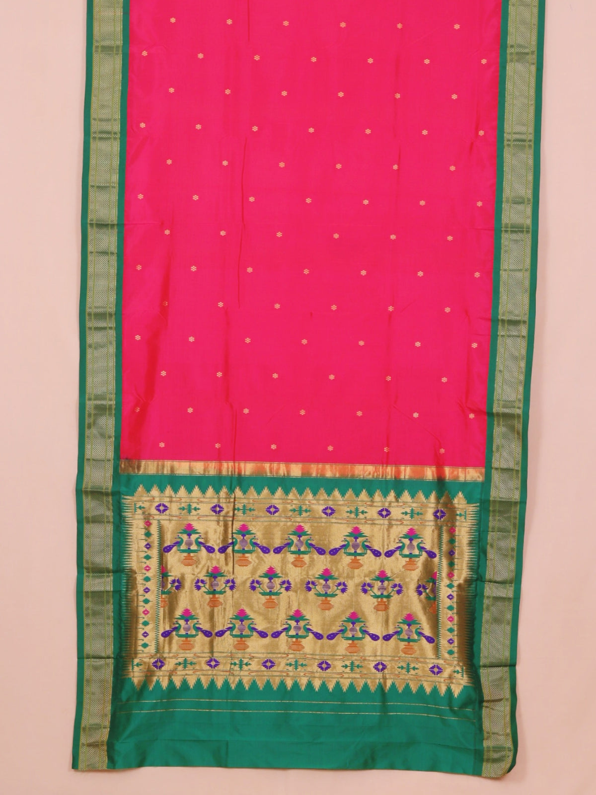 Rani pink by green paithani saree