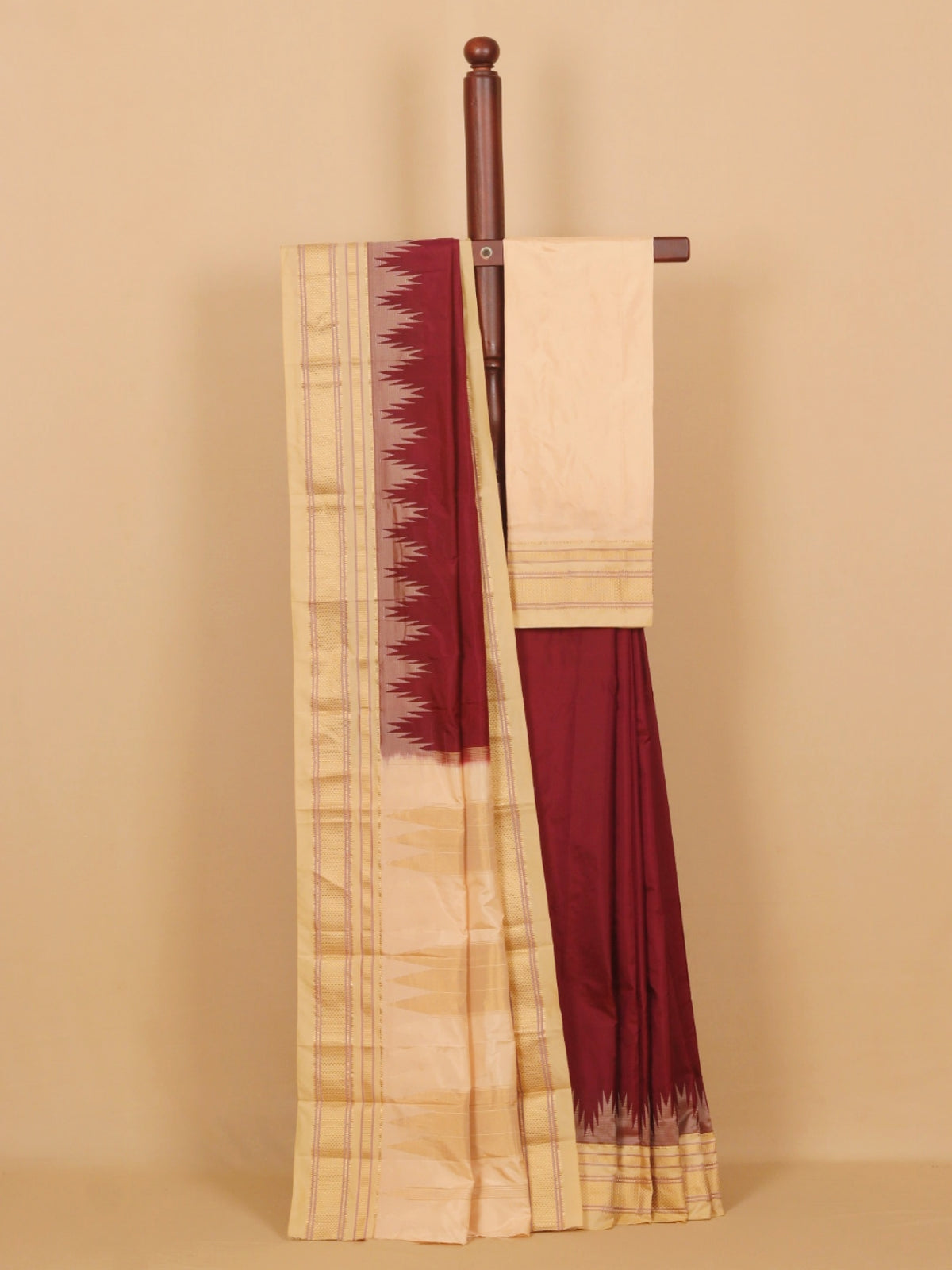 Brown by cream ilkal silk plain saree