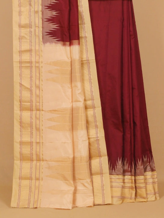 Brown by cream ilkal silk plain saree