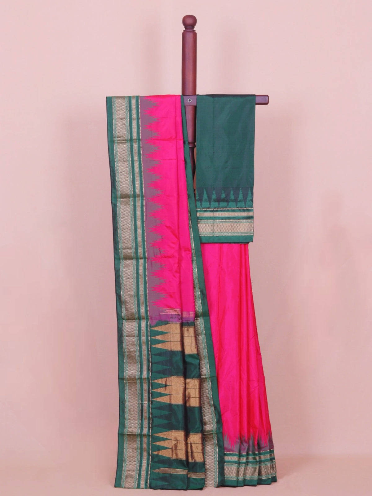 Rani pink by green silk ilkal plain saree