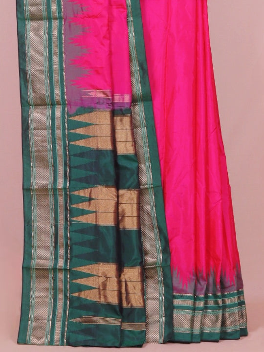 Rani pink by green silk ilkal plain saree