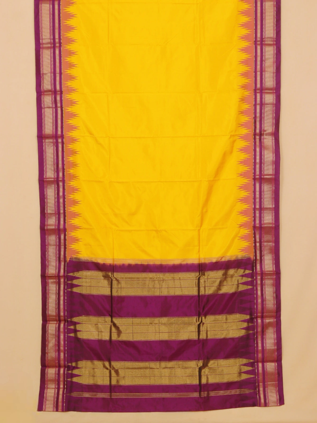 Lemon yellow by wine magenta silk ilkal plain saree