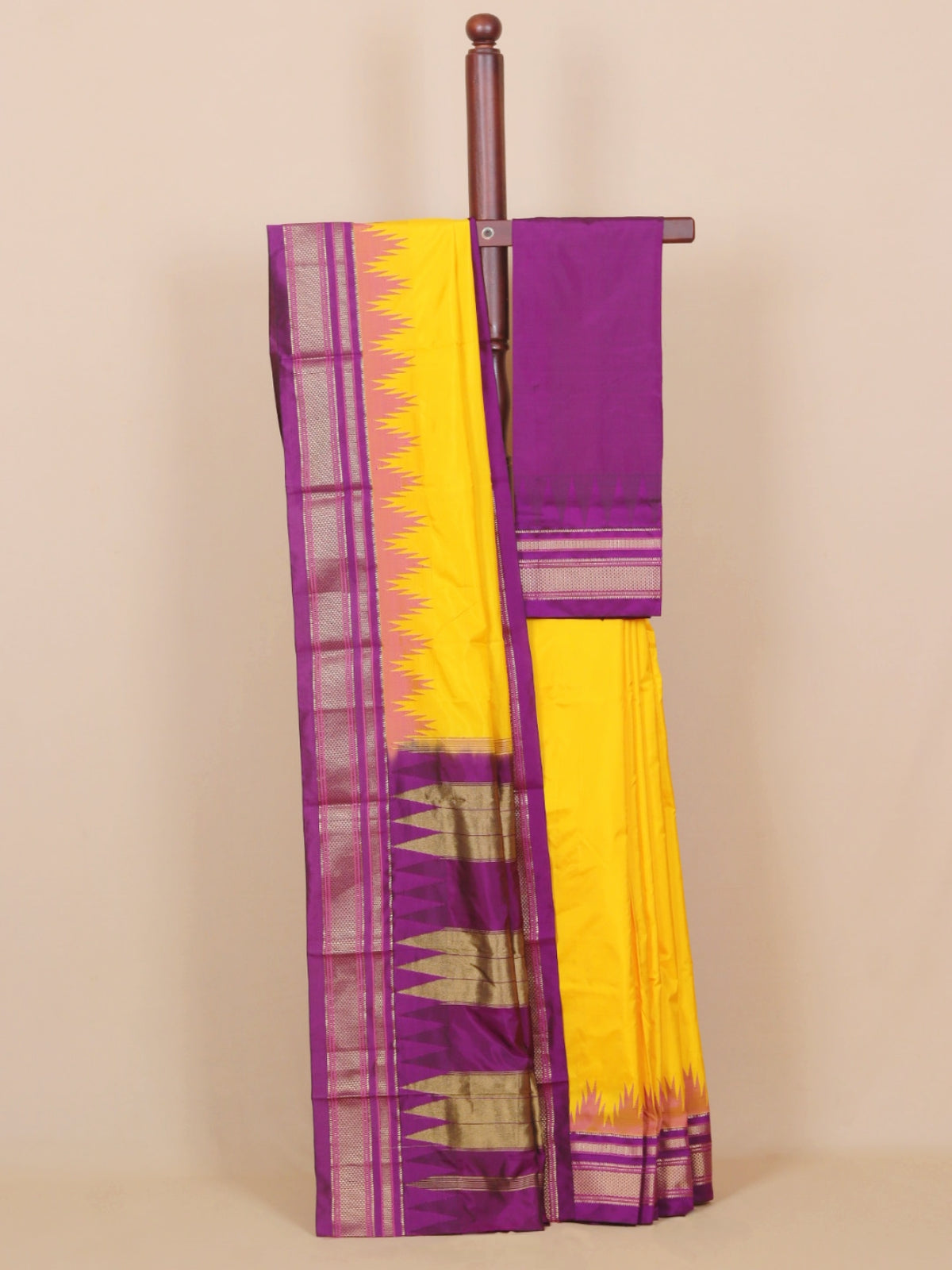Lemon yellow by wine magenta silk ilkal plain saree