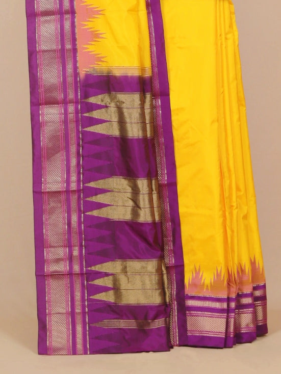 Lemon yellow by wine magenta silk ilkal plain saree