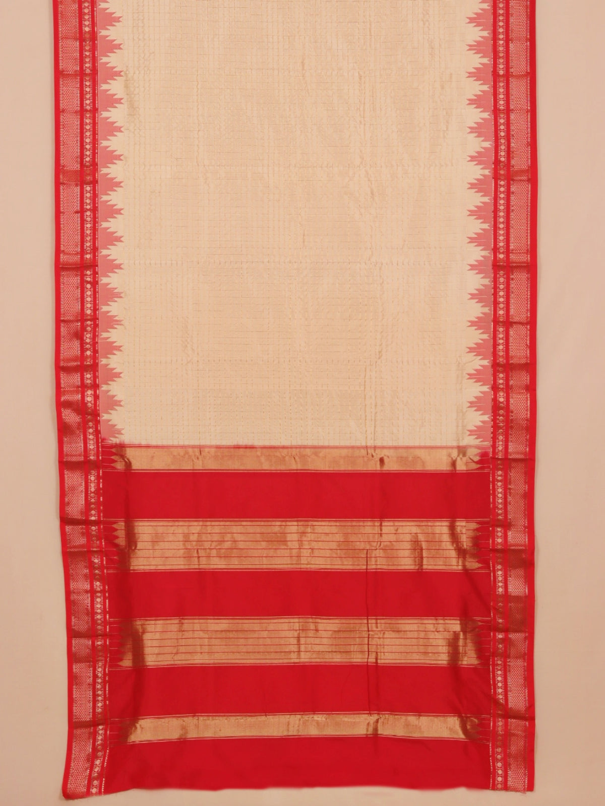 Cream by red ilkal silk zari checks saree