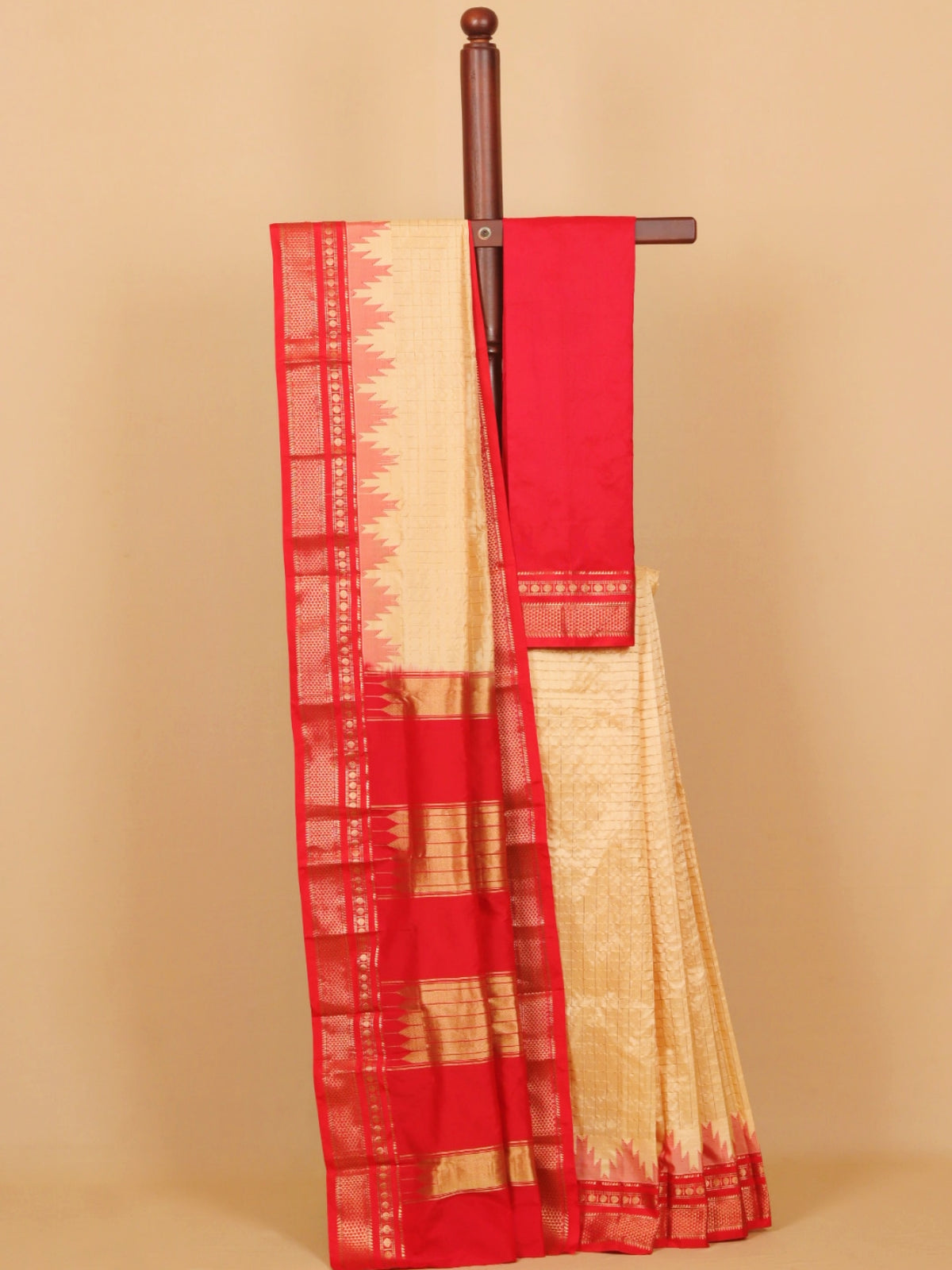 Cream by red ilkal silk zari checks saree