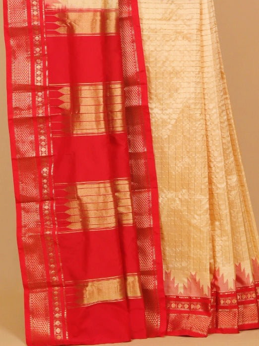 Cream by red ilkal silk zari checks saree