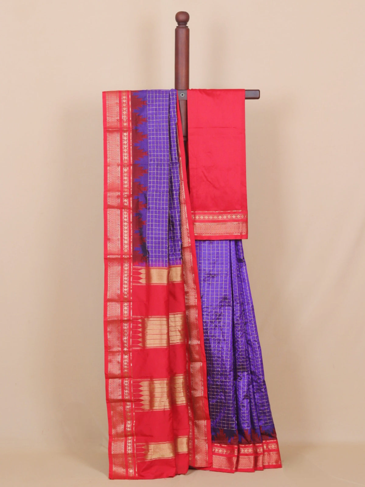 Purple by red ilkal silk zari checks saree