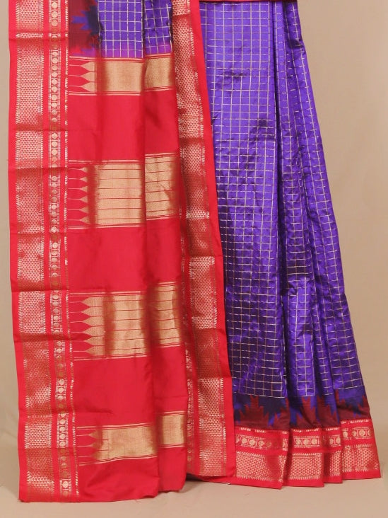 Purple by red ilkal silk zari checks saree