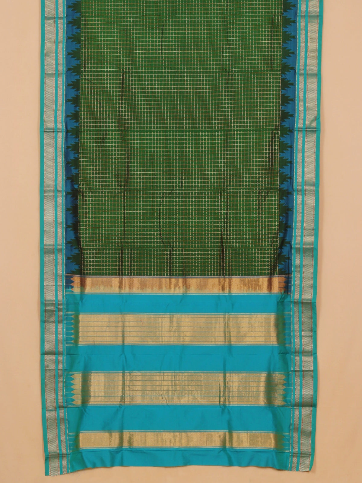 Green by sapphire blue ilkal silk zari checks saree