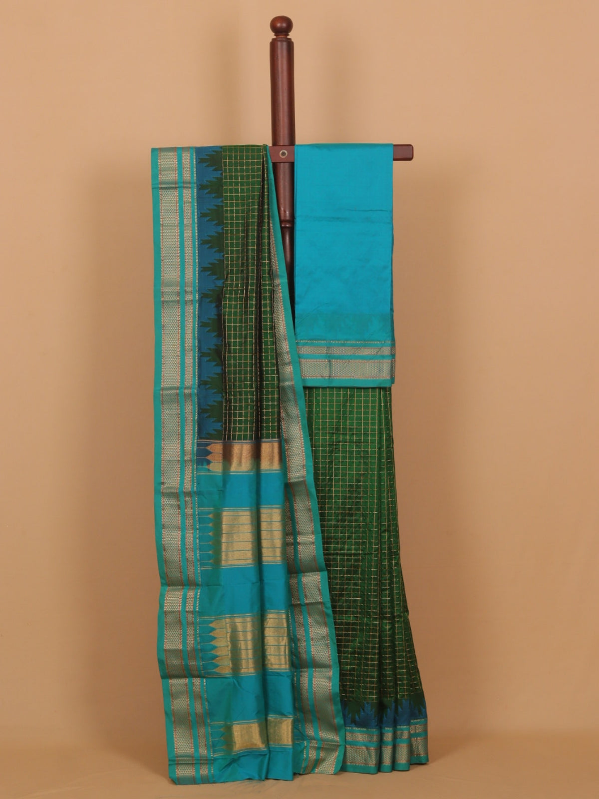 Green by sapphire blue ilkal silk zari checks saree