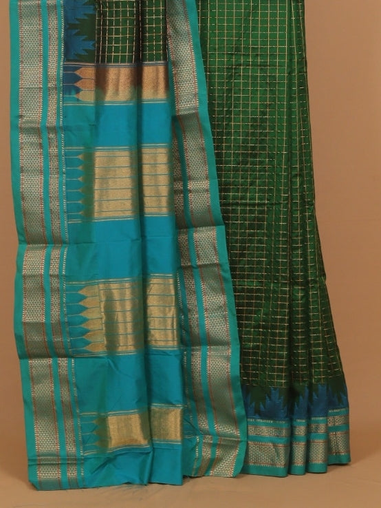 Green by sapphire blue ilkal silk zari checks saree