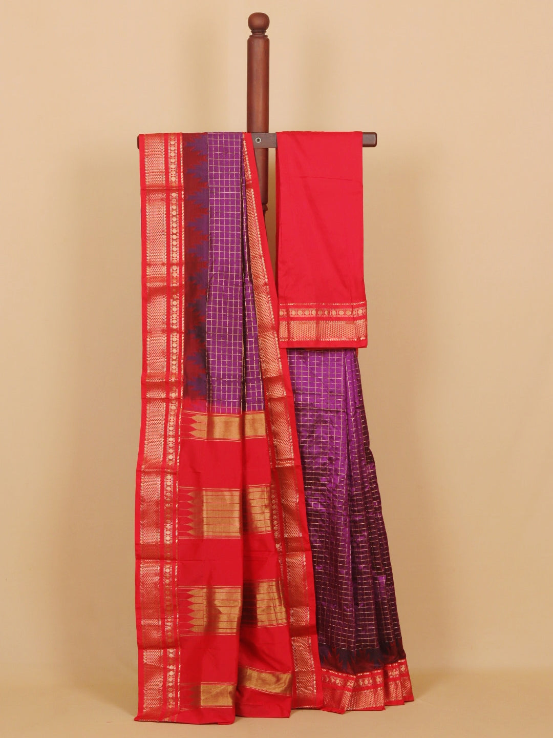 Wine magenta by red ilkal silk zari checks saree