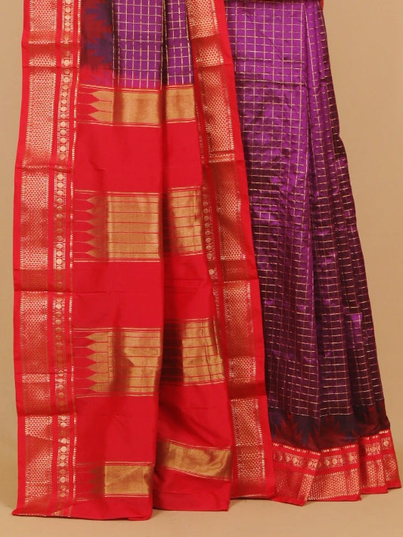 Wine magenta by red ilkal silk zari checks saree