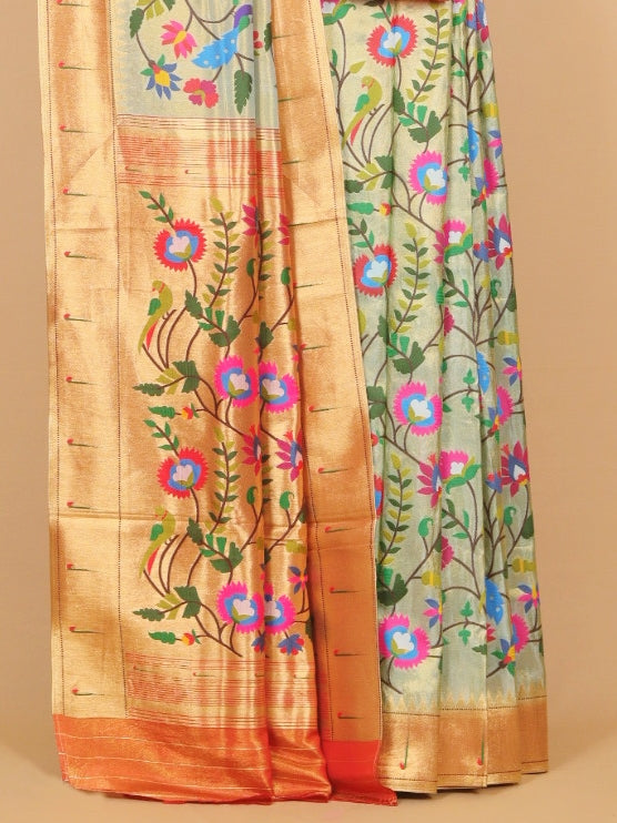 Sea green paithani tissue all over woven saree