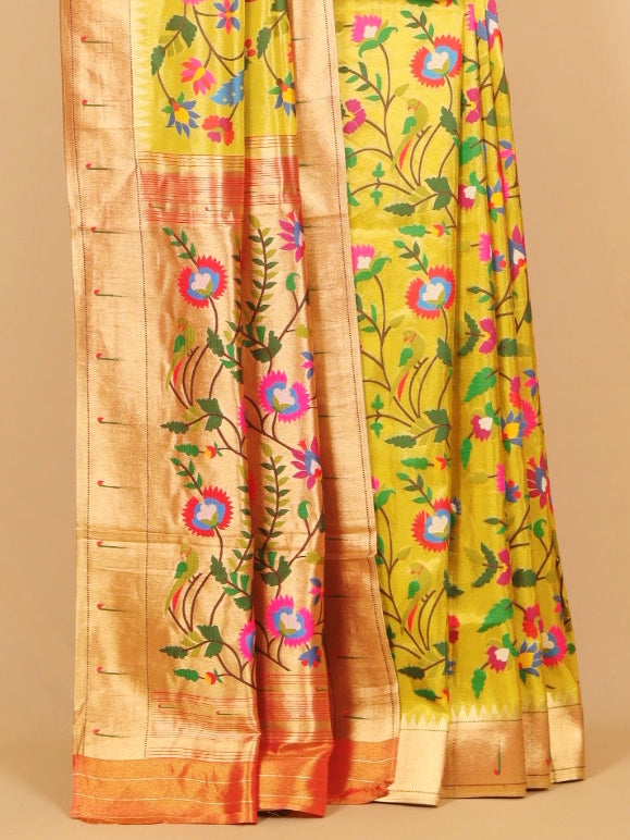 Lemon paithani tissue all over resham woven saree