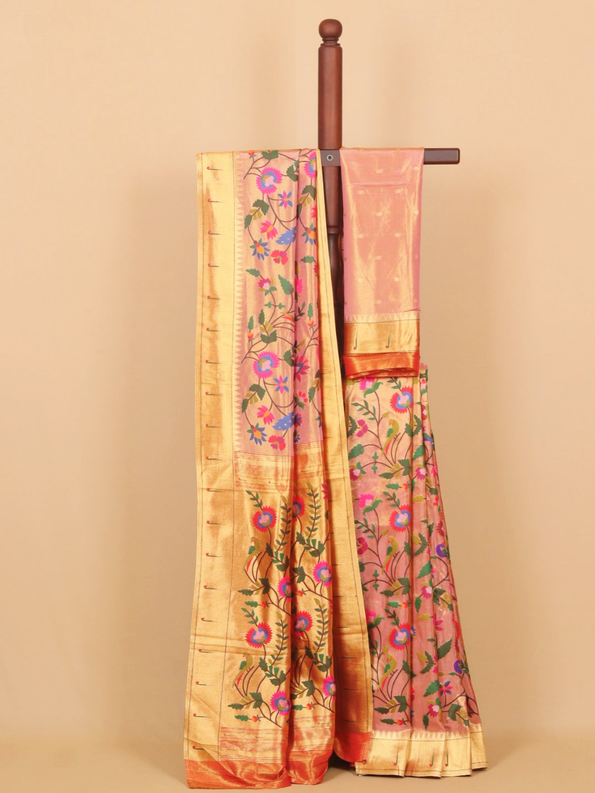 Gajari pink paithani tissue all over woven saree