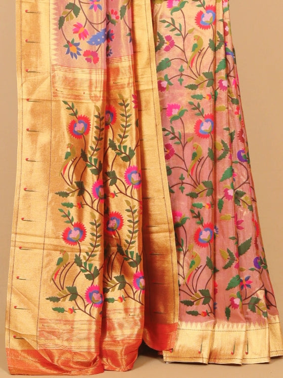Gajari pink paithani tissue all over woven saree