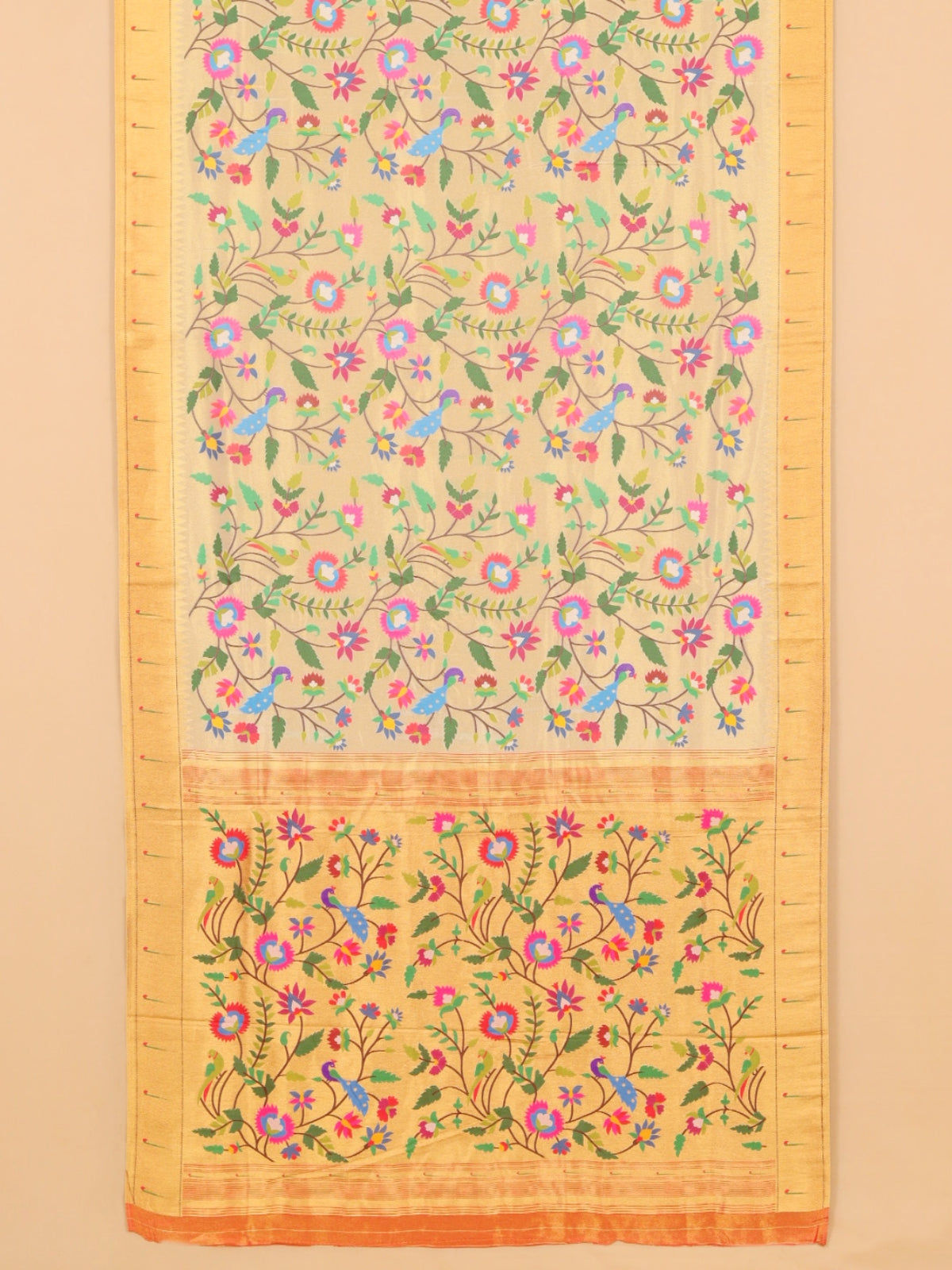 Cream paithani tissue all over resham woven saree
