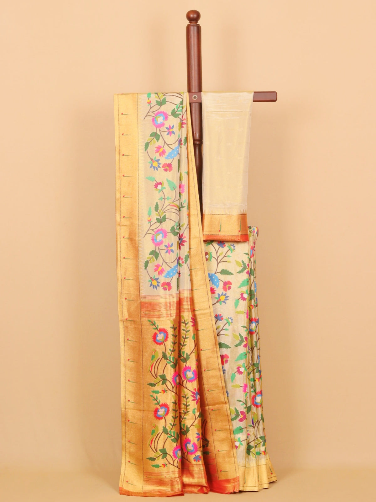 Cream paithani tissue all over resham woven saree