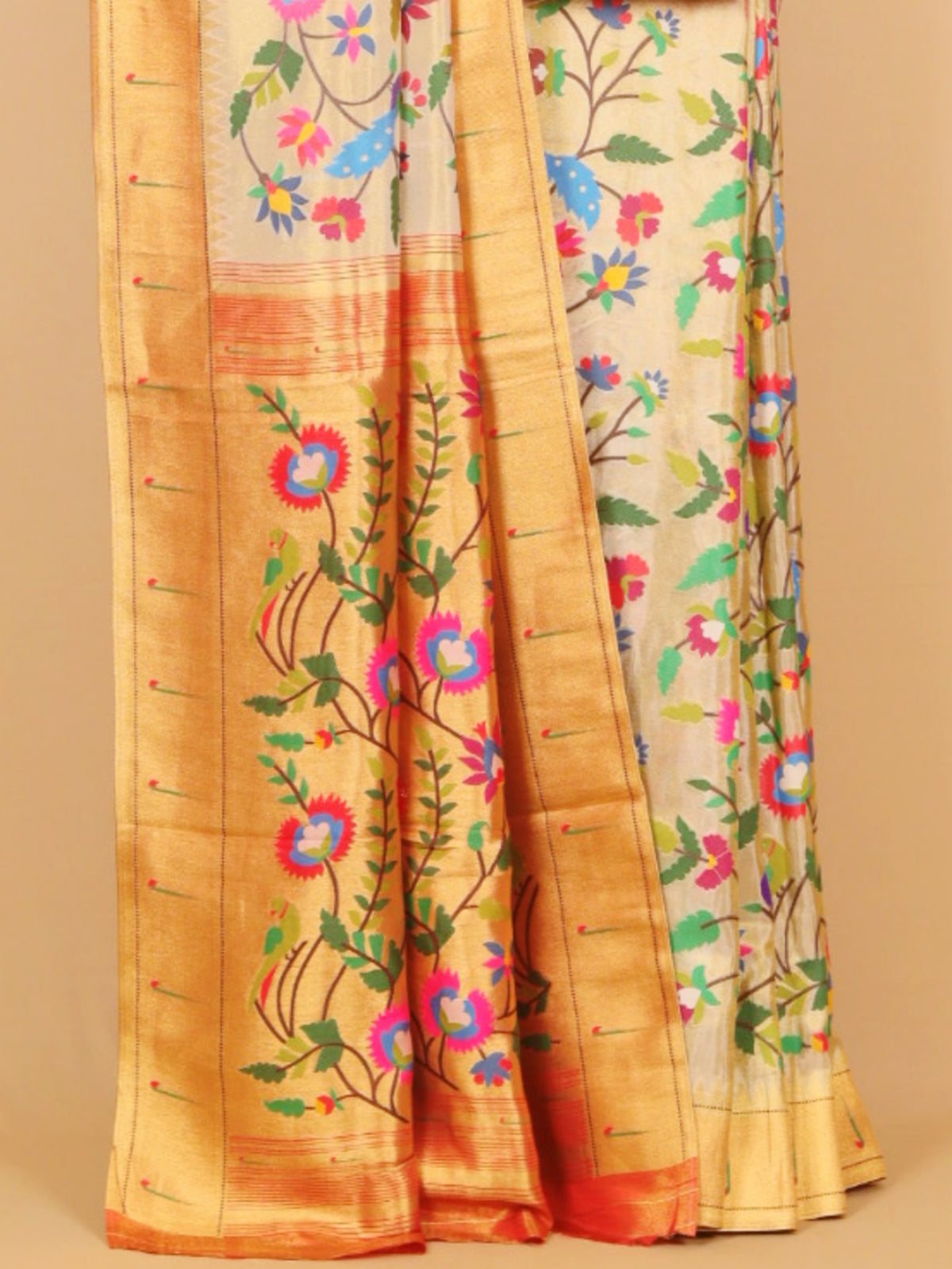 Cream paithani tissue all over resham woven saree