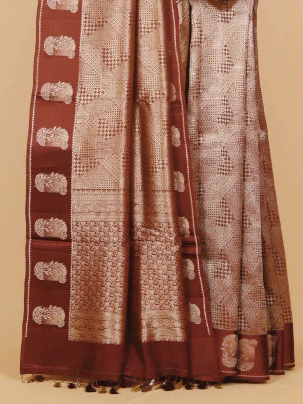 Brown self zari brocket viscose crepe saree