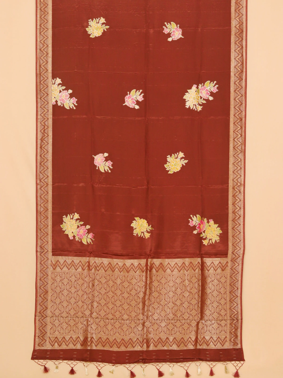 Brown viscose crepe fancy buties saree