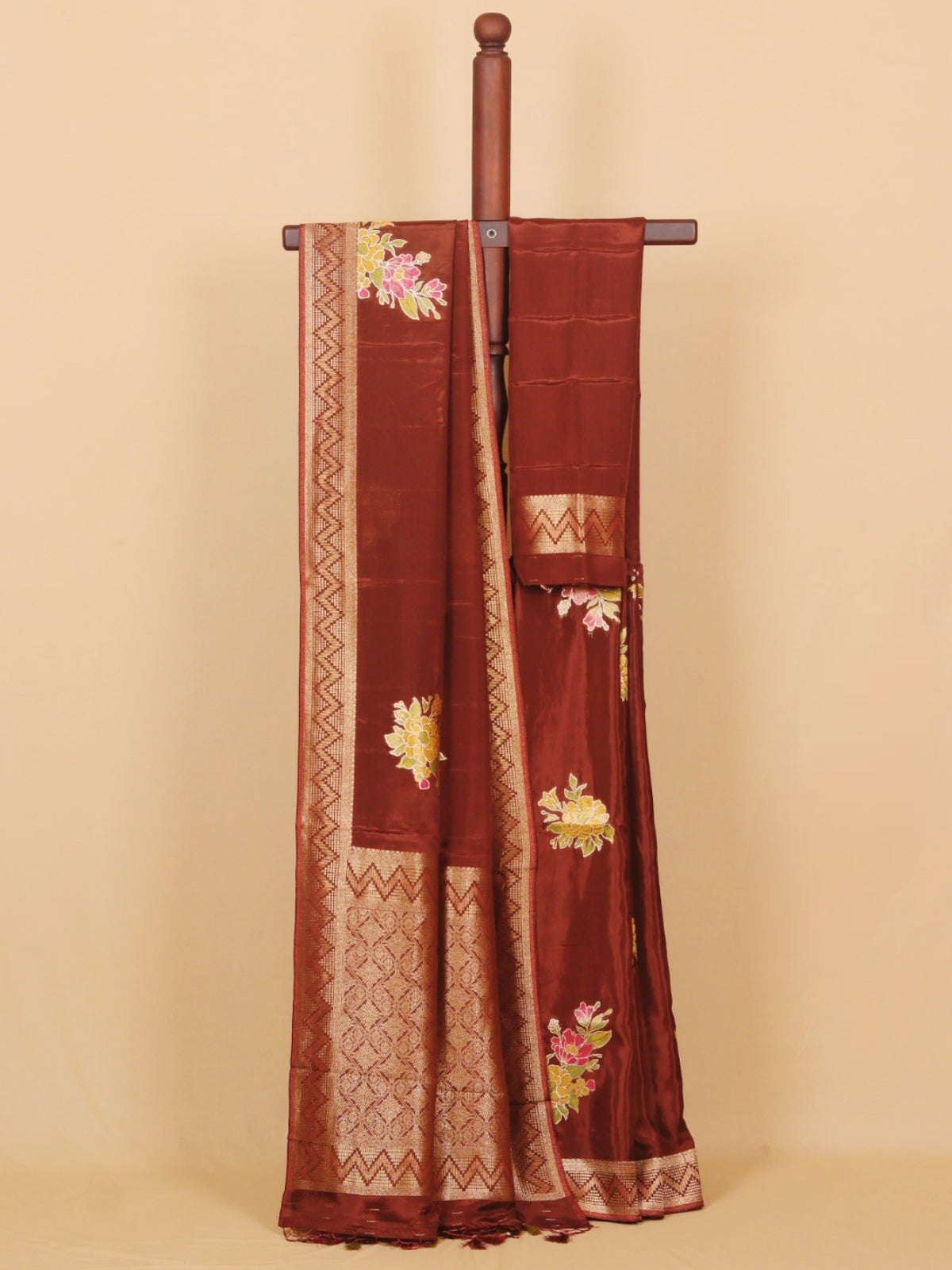 Brown viscose crepe fancy buties saree