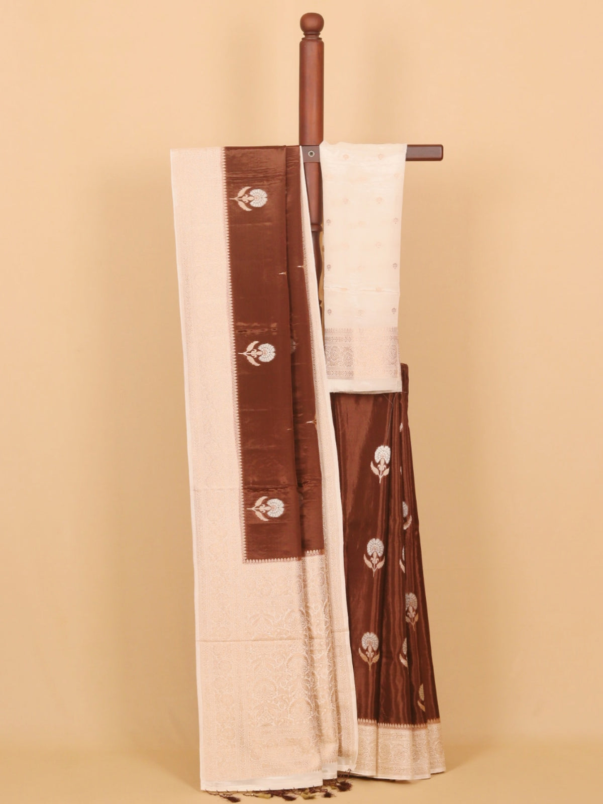 Brown by cream viscose crepe woven saree