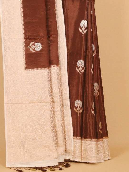 Brown by cream viscose crepe woven saree