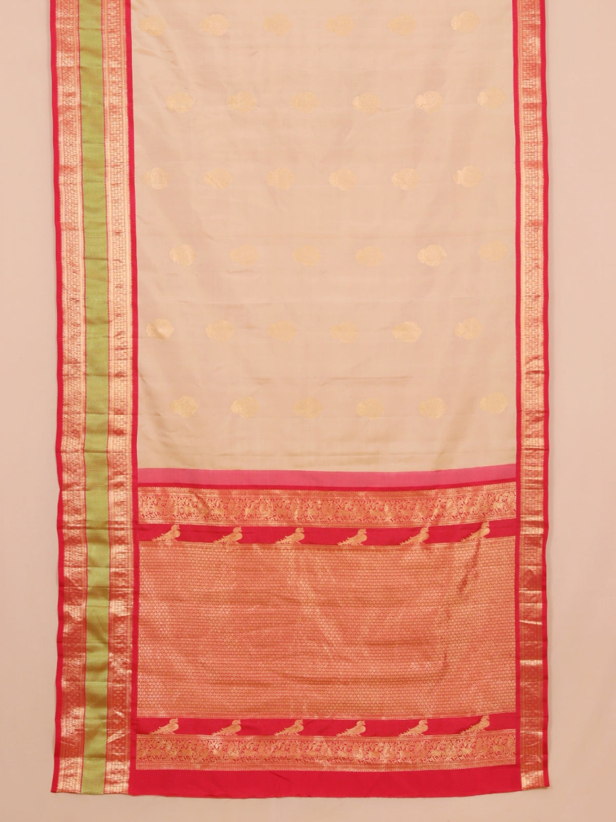 Cream tasar by red skirt resham gadhwal saree