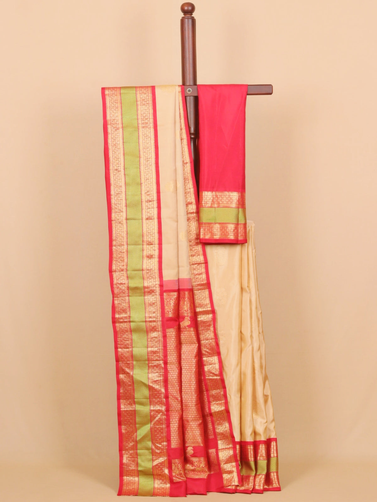 Cream tasar by red skirt resham gadhwal saree