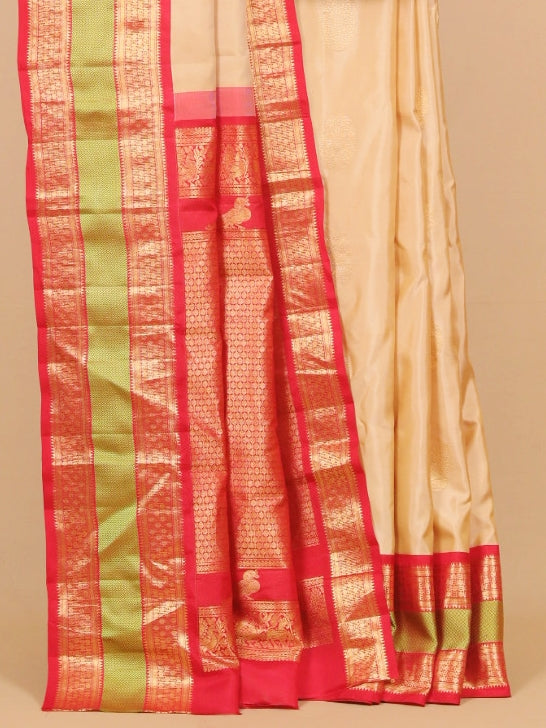 Cream tasar by red skirt resham gadhwal saree