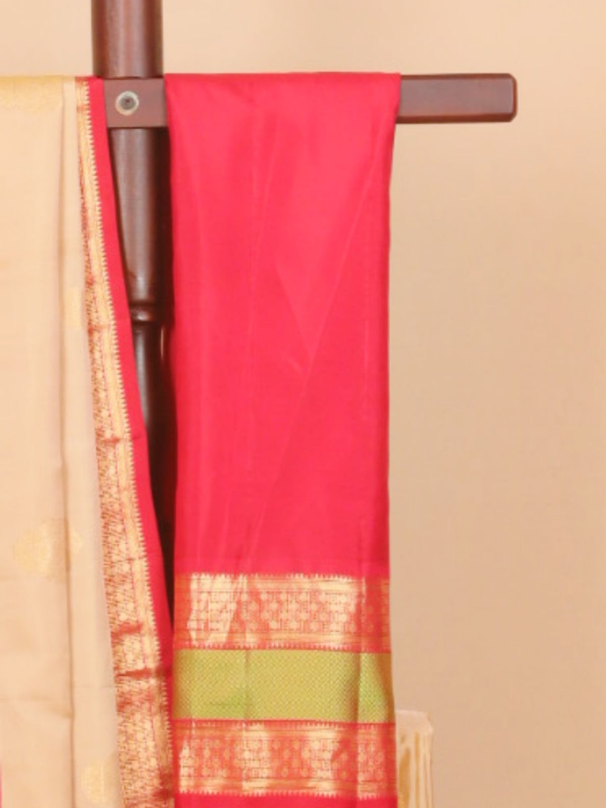 Cream tasar by red skirt resham gadhwal saree
