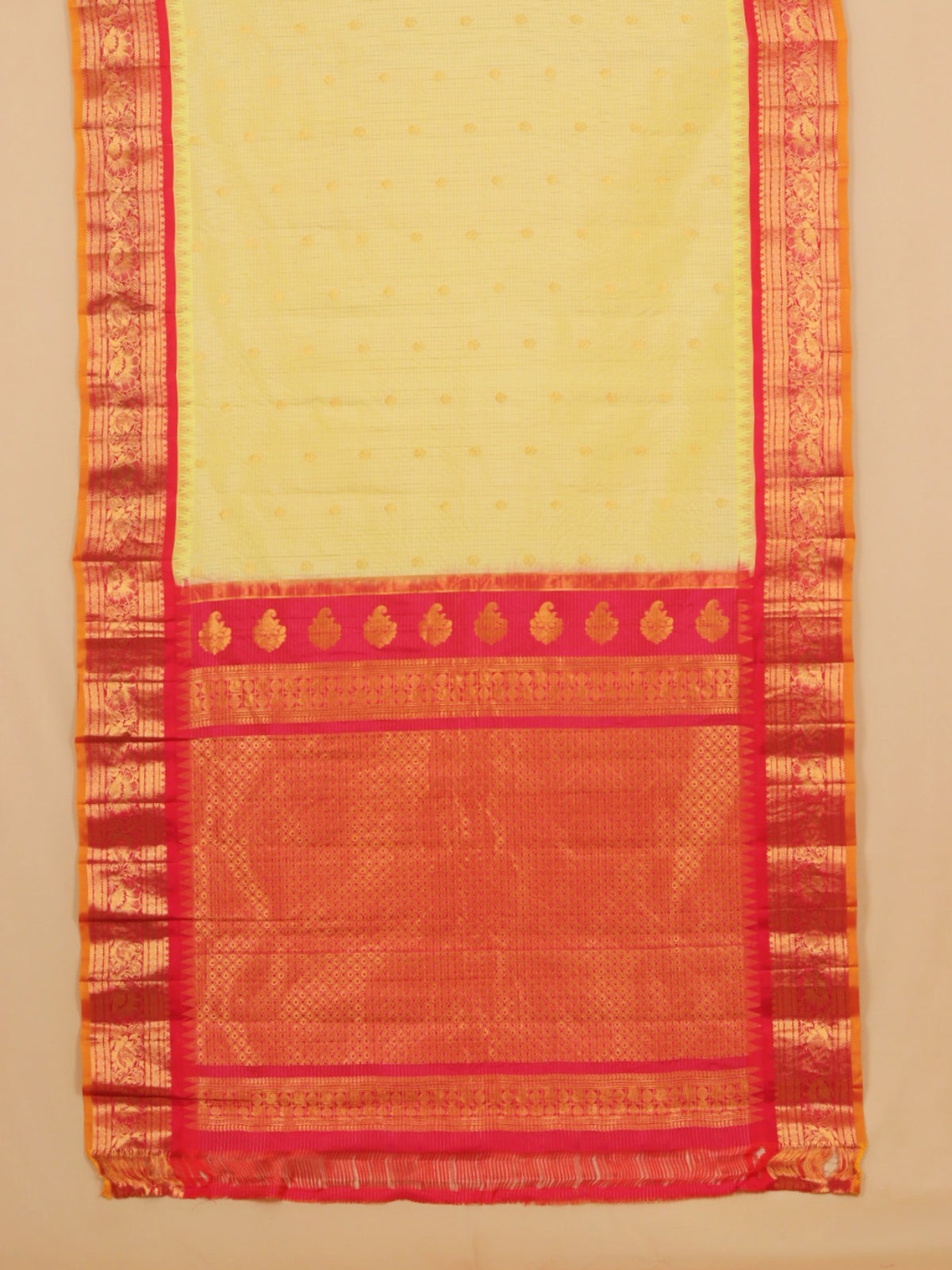 Lemon by red small zari checks gadhwal silk saree