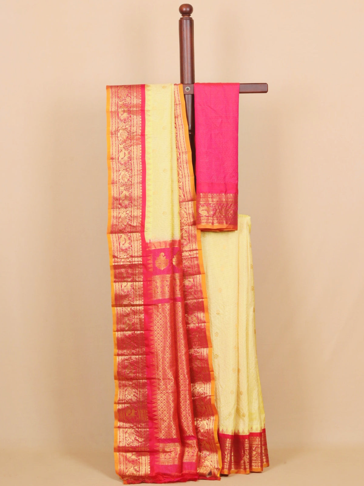 Lemon by red small zari checks gadhwal silk saree