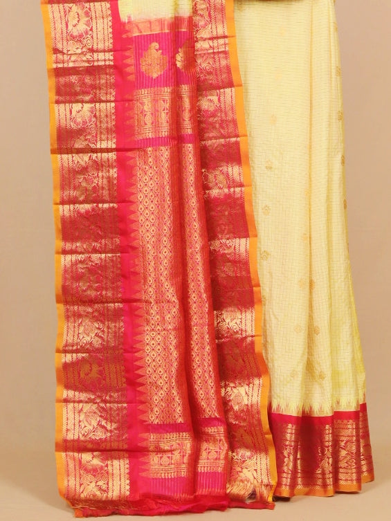 Lemon by red small zari checks gadhwal silk saree
