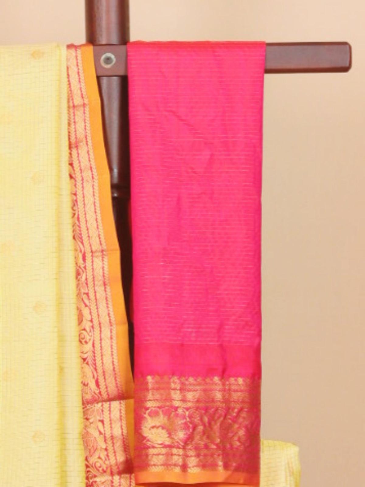 Lemon by red small zari checks gadhwal silk saree