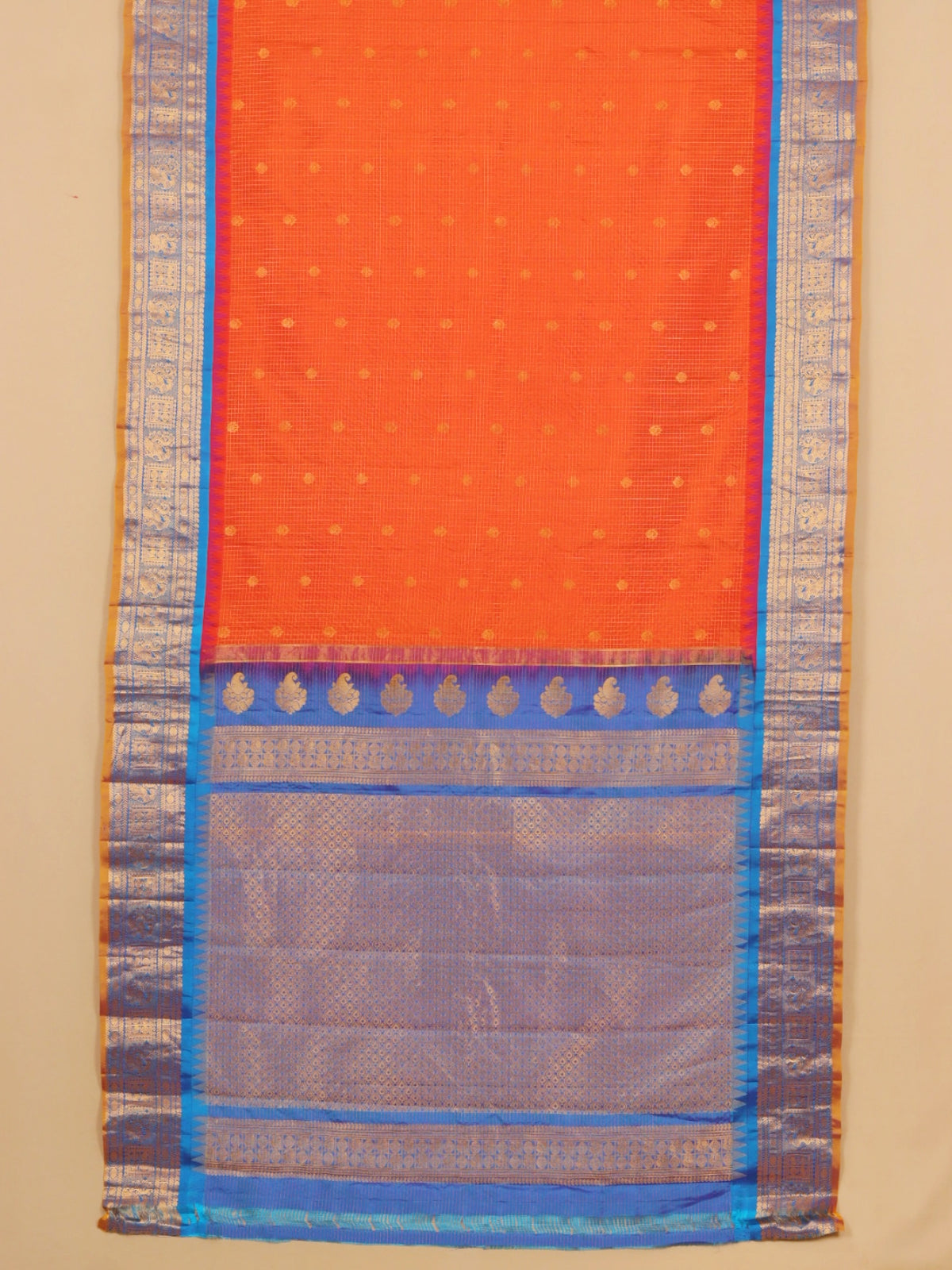 Orange by peacock blue zari checks gadhwal silk saree