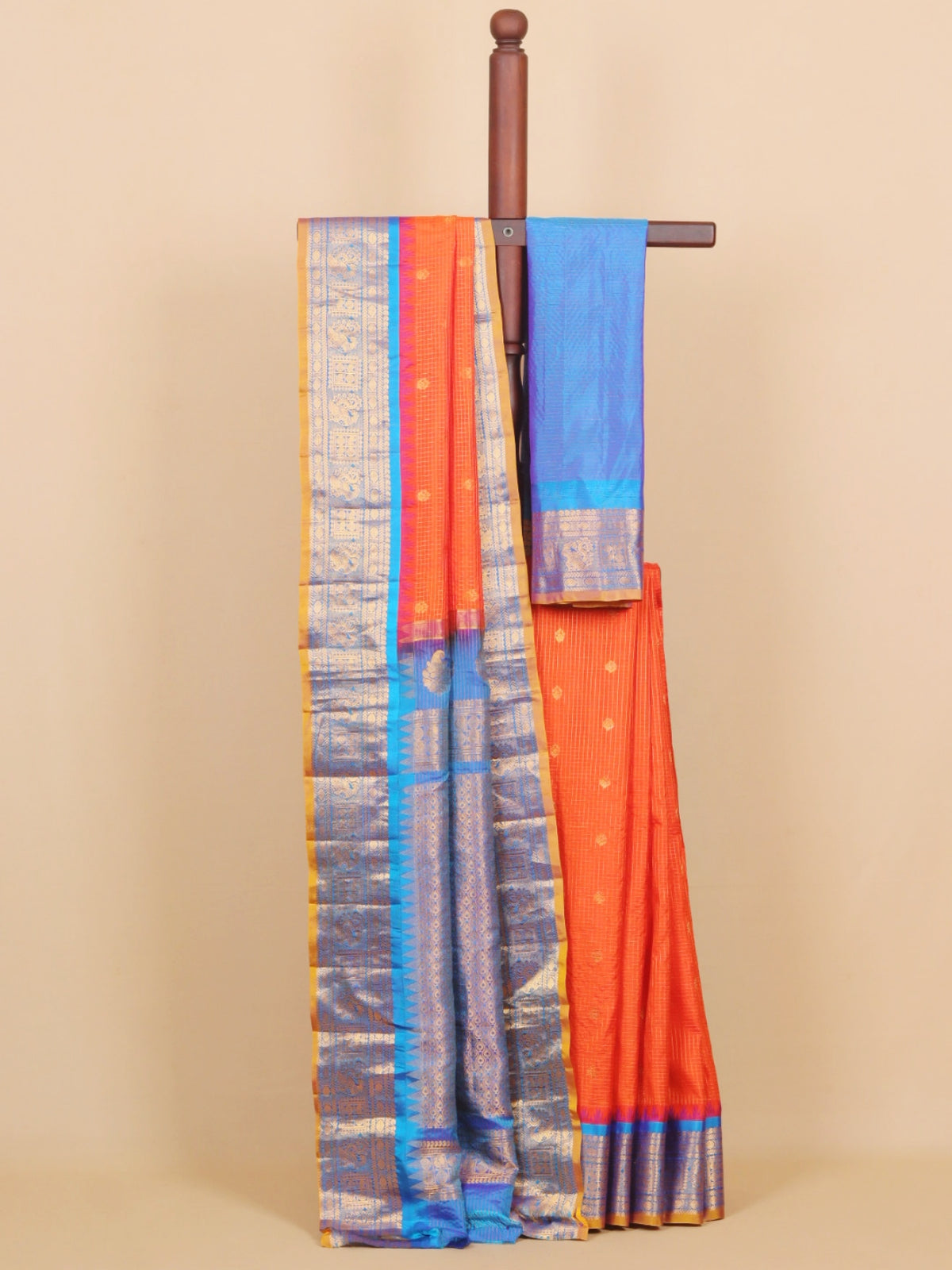 Orange by peacock blue zari checks gadhwal silk saree